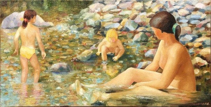 École Européene (XX) - Le Bain de Léto, Antiquités & Art, Art | Peinture | Classique