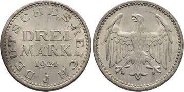 Drei Mark 1924 J KursMunt Weimarer Republik, Verzenden, België