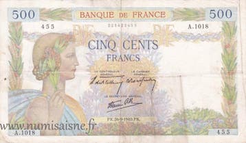 France Frankreich F 32/06 500 Francs La Paix 26/09/1940 A..., Verzenden, België
