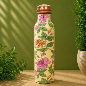 Puur koperen waterfles bloemenprint groen/rosé/crème – 1, Ophalen of Verzenden