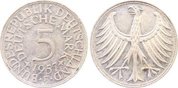 5 Mark Duitsland 5 duitse Mark 1957 F vz Erstabschlag J 3..., Verzenden