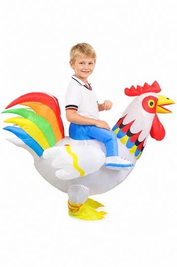 KIMU® Opblaas Kostuum Kinderen Zittend op Kip Wit Regenboog, Ophalen of Verzenden