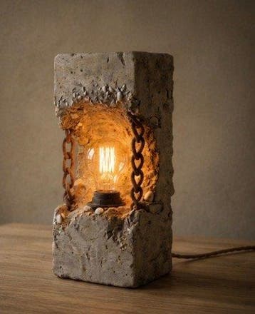 Lampada da tavolo brutalista in cemento e acciaio – design