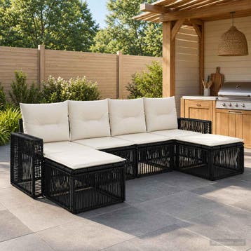 vidaXL Tuinbank Set 6 st Zwart en Crème Wit poly rattan, Verzenden, Nieuw