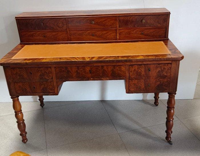 Bureau plat - Acajou, plume dacajou - Bureau italien du, Antiquités & Art, Antiquités | Autres Antiquités