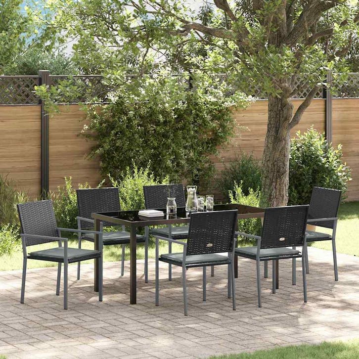 vidaXL Tuin Eettafel Set 7 pcs Zwart en Lichtgrijs PE Riet, Tuin en Terras, Tuinsets en Loungesets, Nieuw, Verzenden