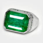 Bague - 14 carats Or blanc - 15.38ct. tw. Émeraude - Diamant