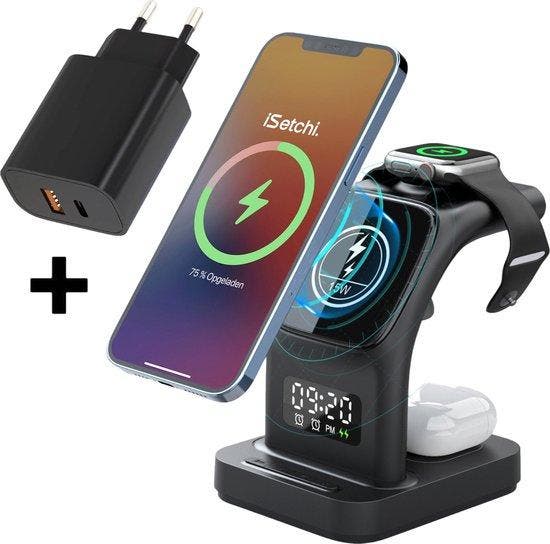 2dekans | iSetchi MagSafe 5-in-1 Draadloze Oplader (15W, Telecommunicatie, Mobiele telefoons | Batterijen en Accu's, Ophalen of Verzenden