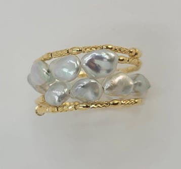 Ring - 18 karaat Geel goud - Keshi Akoya Pearls