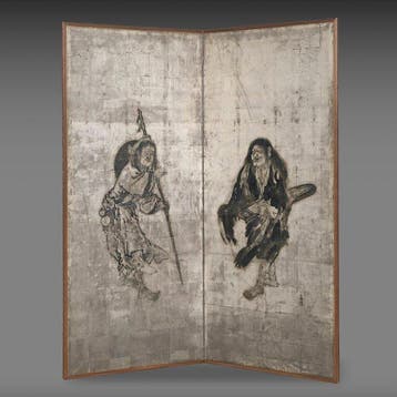 Vouwscherm met twee Daoïstische onsterfelijken. - Papier,, Antiek en Kunst