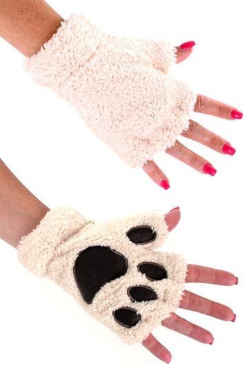 KIMU® Dierenpoot Vingerloze Handschoenen Beige Wit Pluche Vi, Ophalen of Verzenden, Nieuw