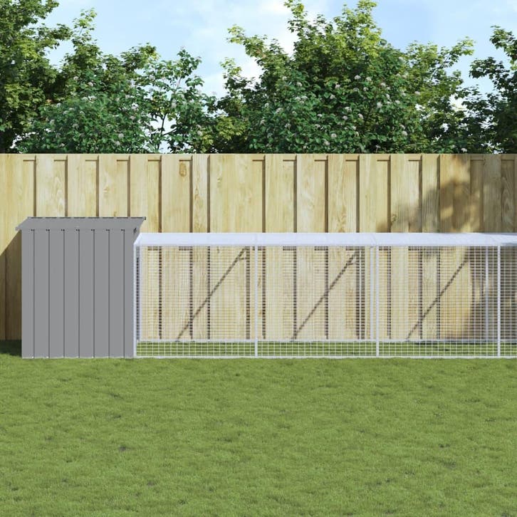 vidaXL Kippenhok met ren 110x1221x110 cm staal lichtgrijs, Dieren en Toebehoren, Knaagdieren en Konijnen | Hokken en Kooien, Nieuw
