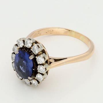 Bague - 10 carats Or jaune, Or blanc - Diamant - Saffier, Handtassen en Accessoires, Nieuw