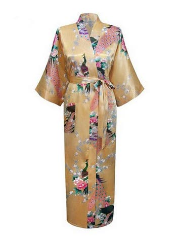 KIMU® Kimono Goud 7/8e M-L Yukata Satijn Boven dekel Lange G, Ophalen of Verzenden, Nieuw