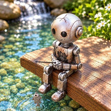 Beeldje - Robot Fishing Garden Sculpture - Hars, Antiek en Kunst