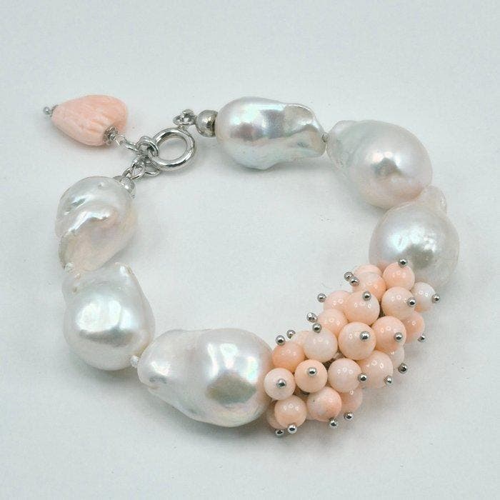 Koraal - Zilver - Armband - Barokke parels en koraal, Verzamelen, Mineralen en Fossielen