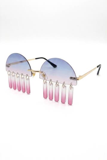 KIMU® Fringe Zonnebril Goud Montuur Blauwe Roze Glazen Blauw, Ophalen of Verzenden, Nieuw