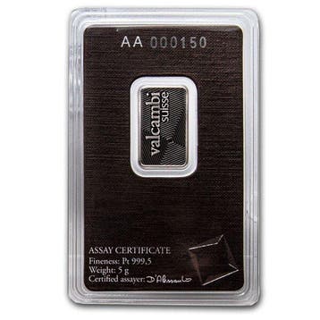 5 gram - Platina .999 - 5 Gram Valcambi Suisse Platinum Bar, Postzegels en Munten