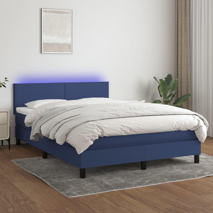 vidaXL Boxspring met matras en LED stof blauw 140x200 cm, Maison & Meubles, Chambre à coucher | Lits, Envoi
