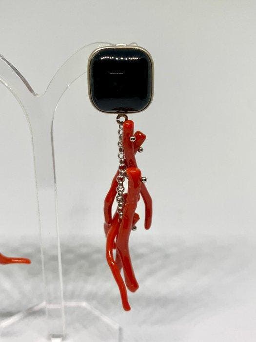 Corail rouge - Argent - Boucles doreilles - Corail et onyx, Collections, Minéraux & Fossiles