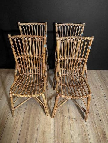 Stoel - Rattan - Set van vier stoelen van vintage rattan, Antiek en Kunst
