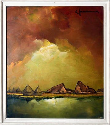 Leo Jordaens (1944 - 2000) - Landschap mmet korenschelven, Antiek en Kunst