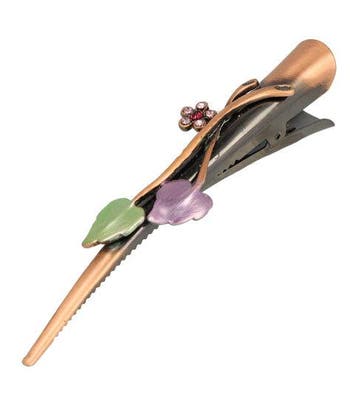 Haarspeld Duckklem 13cm – Bladvorm en Steentjes – Koperkleur, Nieuw