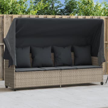vidaXL Ligbed met luifel en kussens poly rattan lichtgrijs, Verzenden