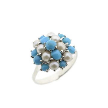 Witgouden entourage ring met barokparel en turquoise, Ophalen of Verzenden