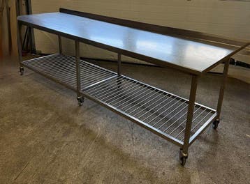 RVS Werktafel met opstand op wielen, Tafel, B305 x D90 x