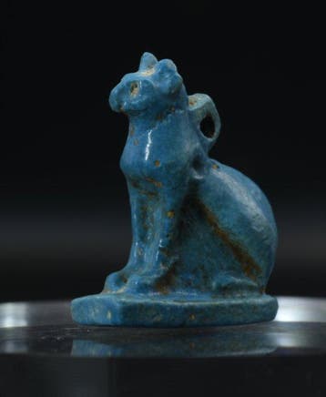 Oud-Egyptisch Faience Amulet van Godin Bastet in Katvorm -, Antiek en Kunst