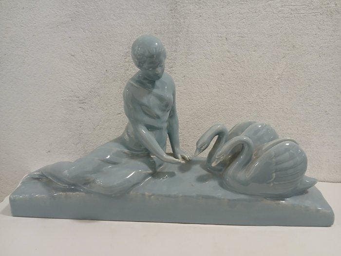Odyv - Beeldje - Leda and two swans; signed Odyv; 45cm -, Antiquités & Art, Art | Objets design