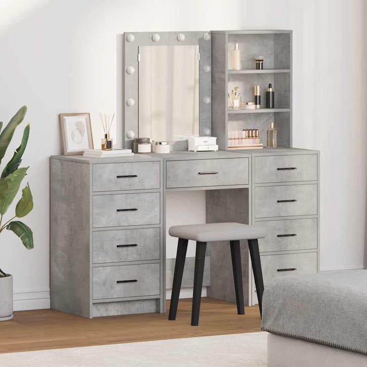 vidaXL Kaptafel met spiegellichten met lade 3 pcs Grijs, Huis en Inrichting, Tafels | Kaptafels, Nieuw, Verzenden