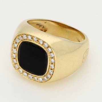 Chevalière - 18 carats Or jaune Onyx - Diamant