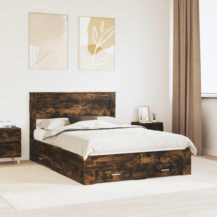 vidaXL Bedframe met hoofdeinde Rook Eiken 140 x 190 cm, Huis en Inrichting, Slaapkamer | Bedden, Nieuw, Verzenden