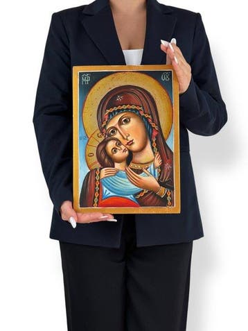 Icoon - Onze-Lieve-Vrouw van Eleusa - Tempera op doek en, Antiek en Kunst