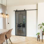 Stalen Schuifdeur - Zwart - 5 Vlaks - Rookglas, 75 tot 150 cm, Nieuw, 150 tot 225 cm, Metaal