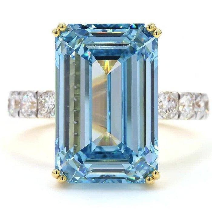 Ring - 18 karaat Geel goud - 12.10ct. tw. Blauw Diamant, Bijoux, Sacs & Beauté, Bagues
