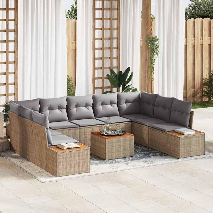vidaXL Tuinbank Set met kussen 10 pcs Beige Poly rattan, Tuin en Terras, Tuinsets en Loungesets, Nieuw, Verzenden