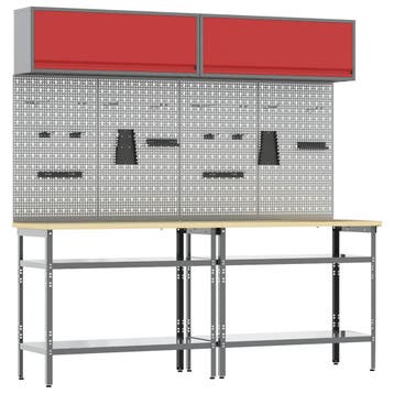 vidaXL Werkbankset 8 st Rood en Grijs Gepoedercoat staal, Doe-het-zelf en Bouw, Verzenden, Nieuw