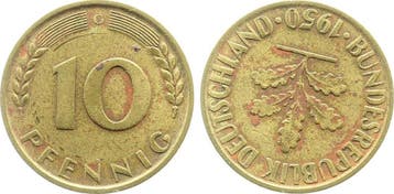 Duitsland Fehlpraegung 10 Pfennig 1950 G Stempeldrehung 180, Verzenden