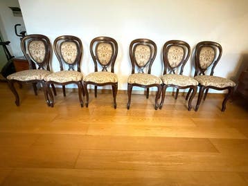 Stoel (6) - walnoot, damasco, messing - Set van 6 stoelen