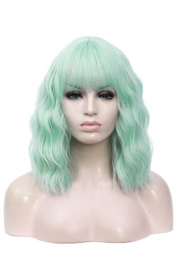 Luxe Mint Groen Pruik Schouderlengte Rechte Pony Krullen Min, Ophalen of Verzenden