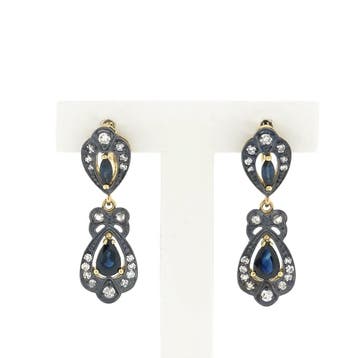 Goud/zilveren oorhangers met saffier en diamant; Ca. 0,52..., Handtassen en Accessoires, Oorbellen, Gebruikt, Ophalen of Verzenden