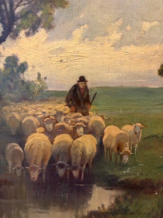 Ch. Herve (XIX) - Hirte mit Herde, Antiek en Kunst, Kunst | Schilderijen | Klassiek