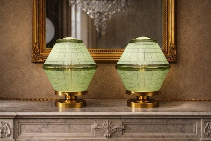 Lampe de table (2) - Verre, Laiton, Antiquités & Art, Art | Objets design