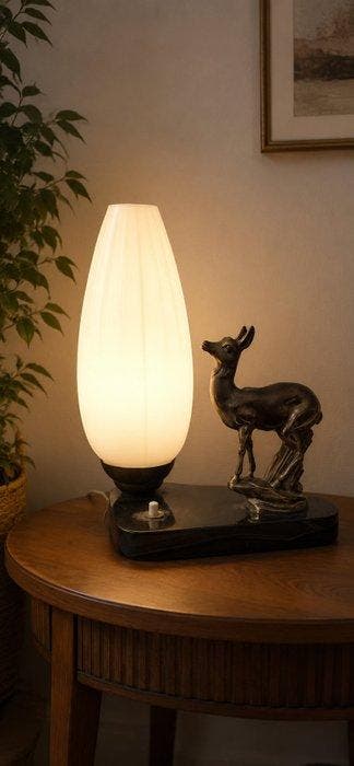 Lampe - Opaline, Marbre noir - Lampe de table vintage