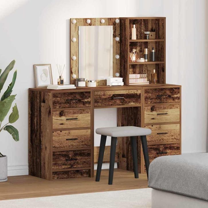 vidaXL Kaptafel met spiegellichten met lade 3 pcs Bruin, Huis en Inrichting, Tafels | Kaptafels, Nieuw, Verzenden