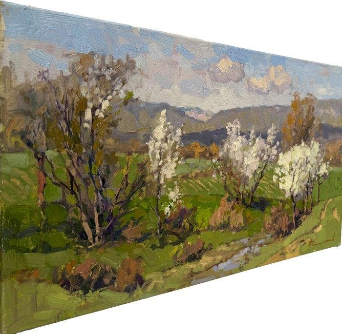 Sergei Flitov (1964) - Pommiers en Fleurs - Ruisseau dans la, Antiquités & Art, Art | Peinture | Classique