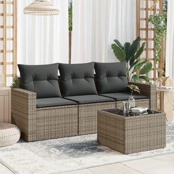 vidaXL 4-delige Loungeset met kussens poly rattan grijs, Verzenden